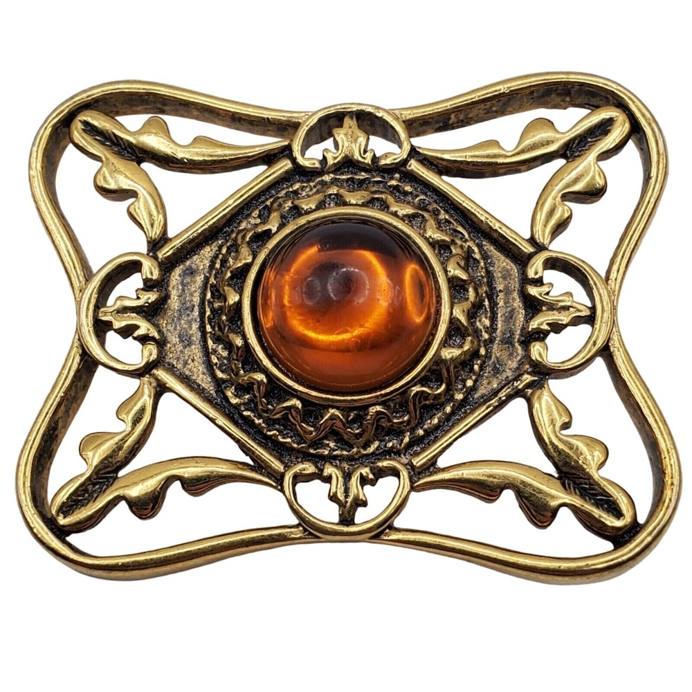 Avon Brooch Gold Faux Brown Topaz Filigree Bold Classic Pin Victorian Revival